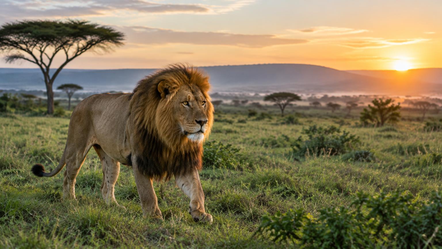 Lion in the African savannah at sunrise